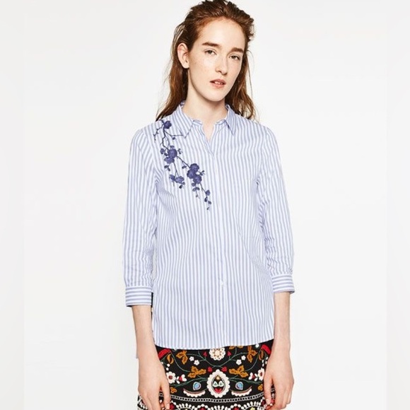 Zara‎ Embroidered Button-down Pin-striped Shirt size Large Blue White - Picture 1 of 6
